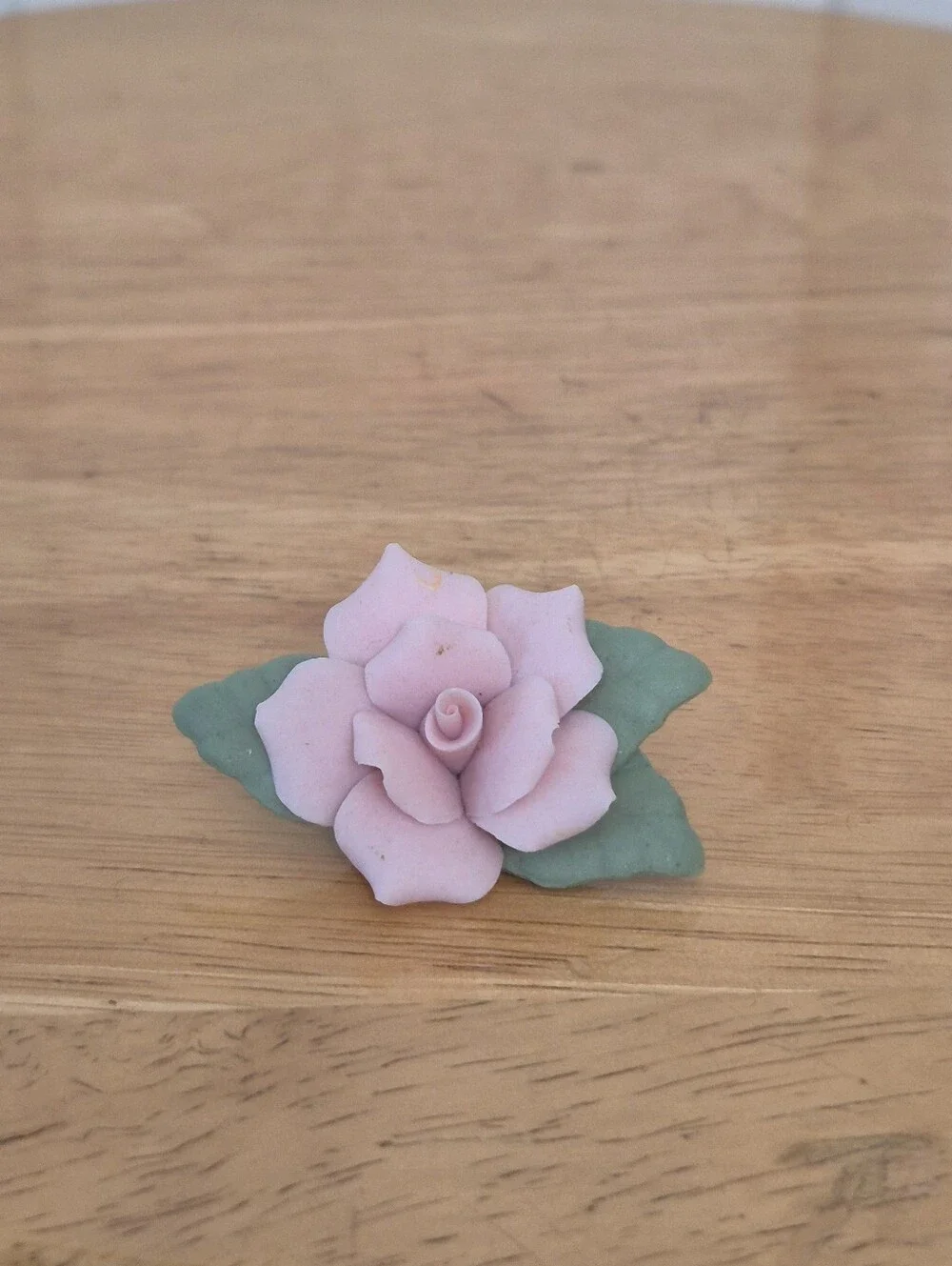 Pastel porcelain pink rose Brooch pin with green leaves